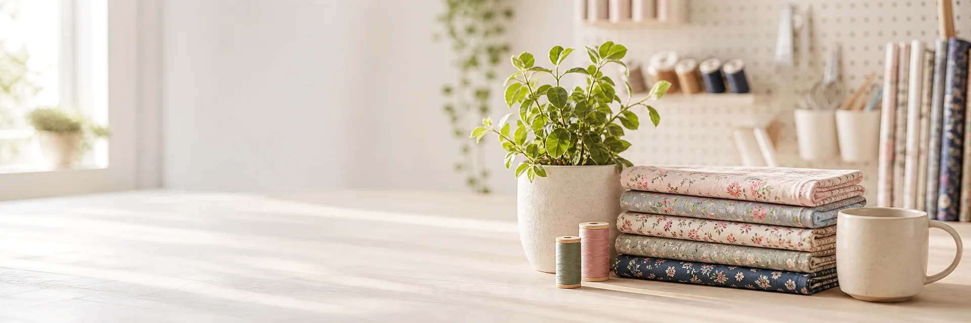 Sunlit sewing table with folded floral fabric, thread, a plant, and a ceramic mug