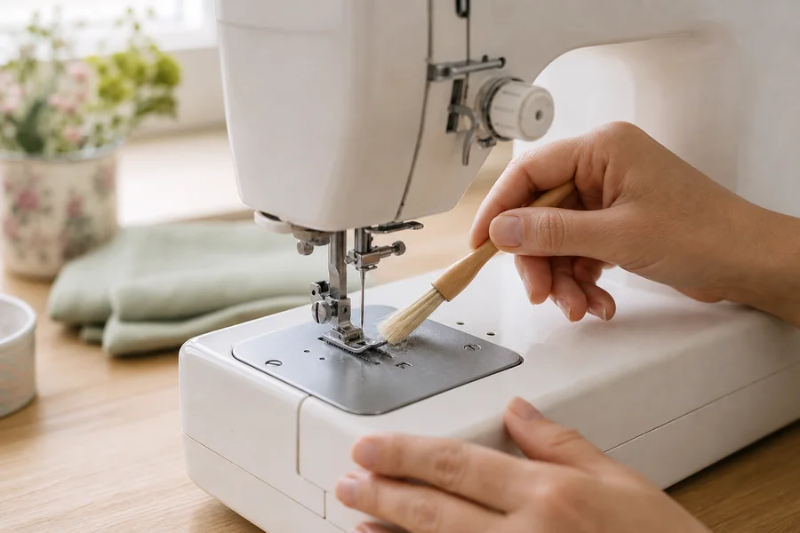 Hands cleaning a sewing machine with a small brush beside spools of thread