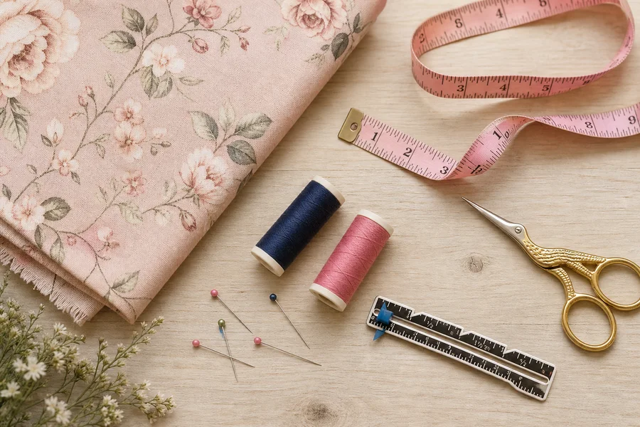 Thread, scissors, and sewing supplies arranged on a worktable