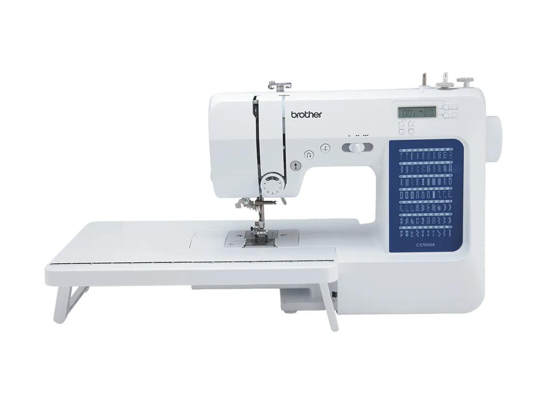 White sewing machine with a screen and push-button controls