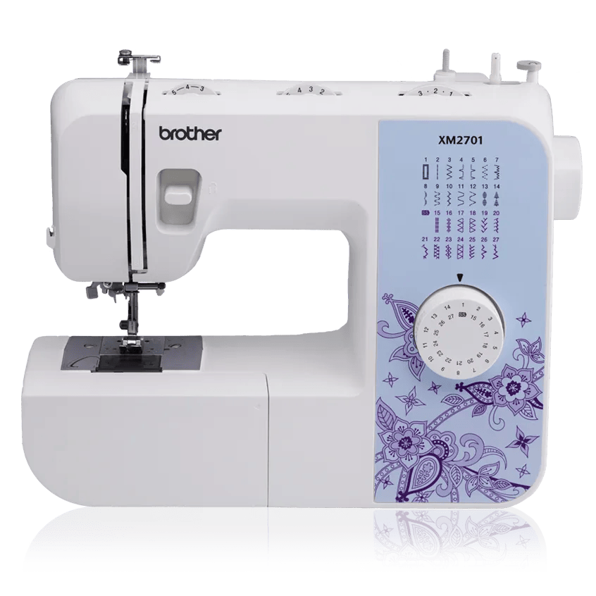 White sewing machine with a large stitch selection dial