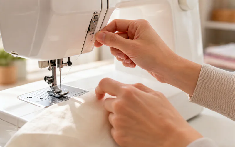 Hands adjusting thread near a white sewing machine needle