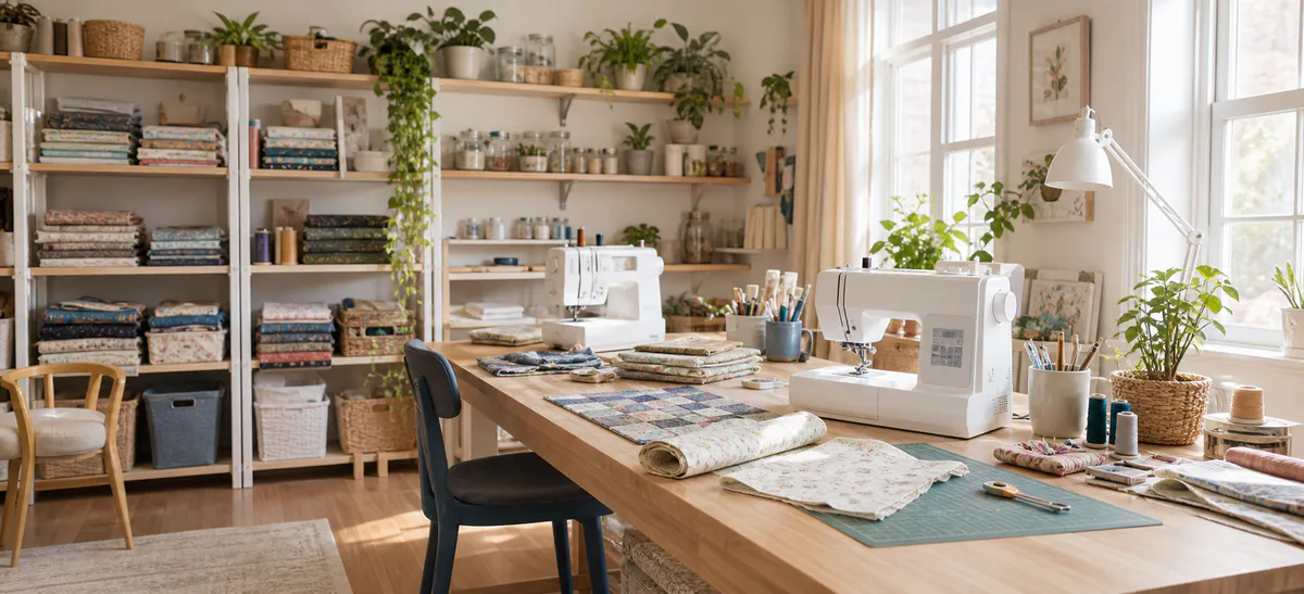 Organized sewing room with two white machines, fabric, plants, and tools