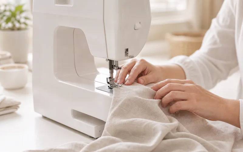 Hands setting up a white sewing machine