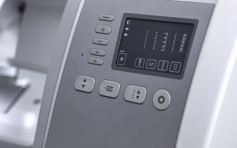 Close view of a computerized sewing machine control panel