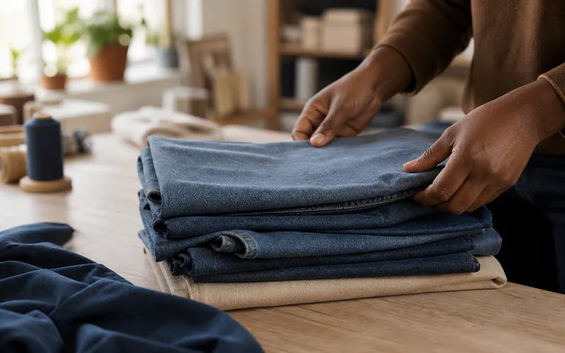 Hands folding a stack of heavy denim