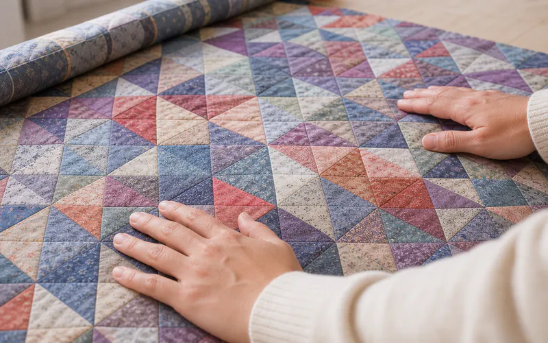 Hands examining neat stitches across patchwork
