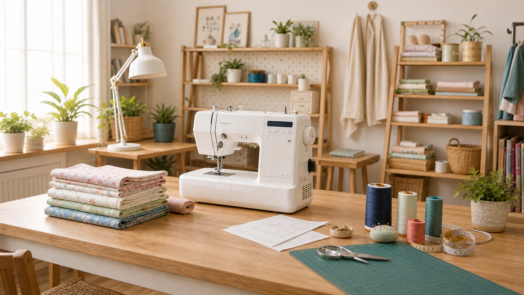 Bright sewing room with a white sewing machine, folded fabric, thread, and plants
