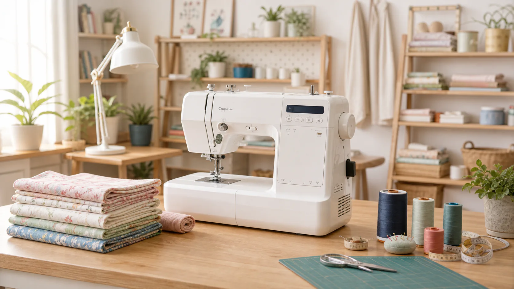 White sewing machine in a bright workroom