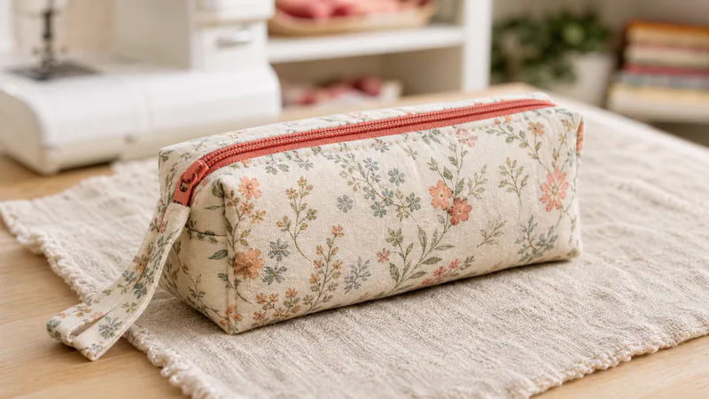 Finished floral zipper pouch beside a sewing machine