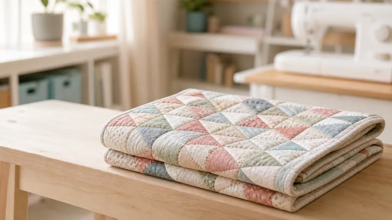 Folded handmade quilt in soft colors