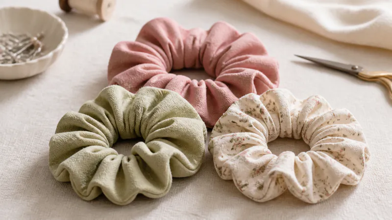 Soft pink, green, and floral fabric scrunchies