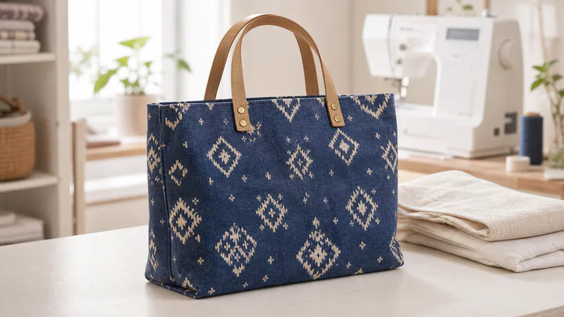 Sturdy fabric tote beside sewing tools