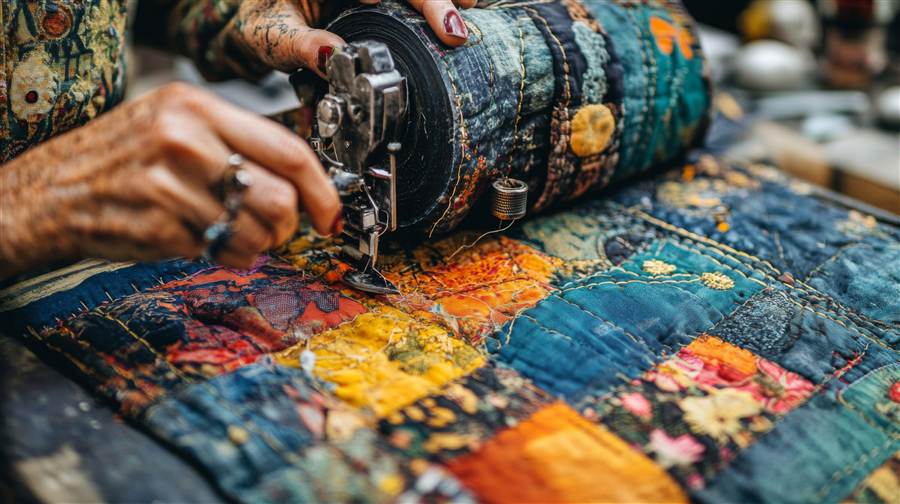 Hands guiding layered fabric through a sewing machine