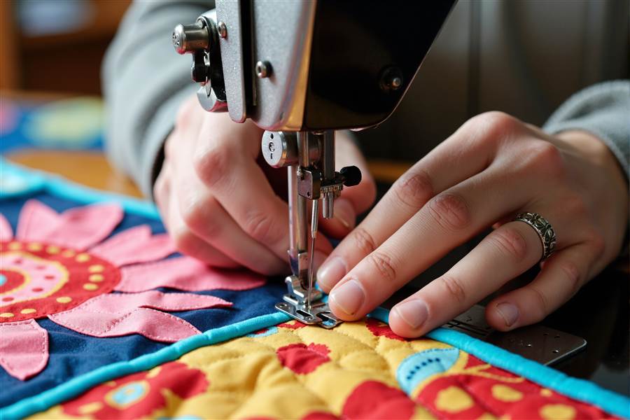 Hands guiding cream fabric through a white sewing machine